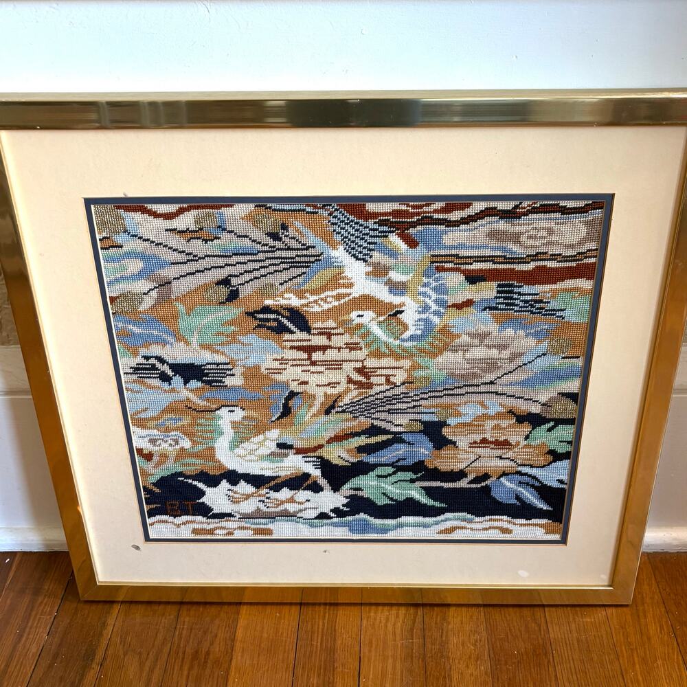 Vintage Framed Needlepoint Bird Art Gold Frame Asian Style